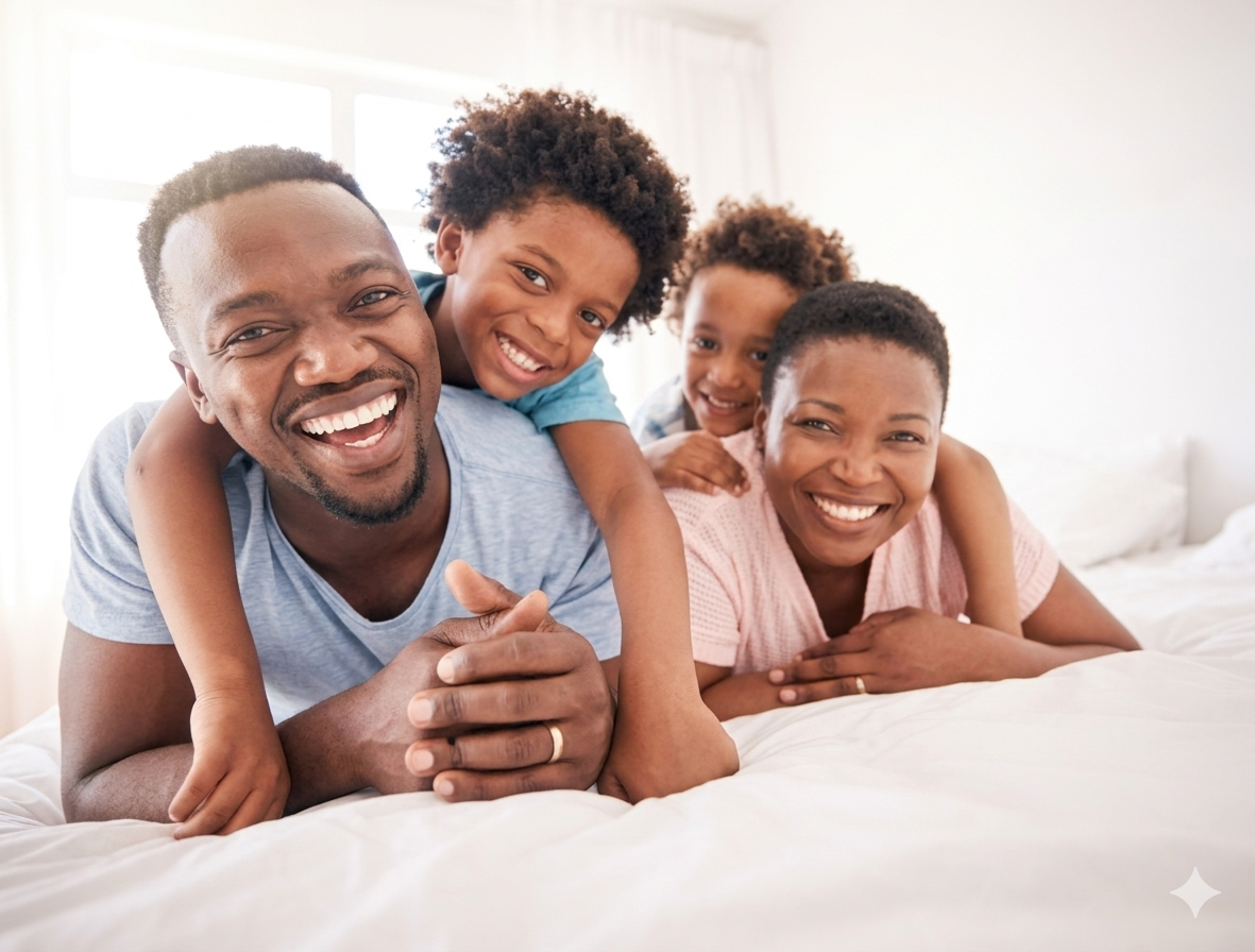 Happy family smiling together on bed